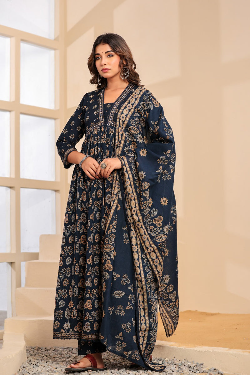 Kalki Blue Hand Embroidered Printed Cotton Suit Set