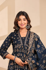Kalki Blue Hand Embroidered Printed Cotton Suit Set