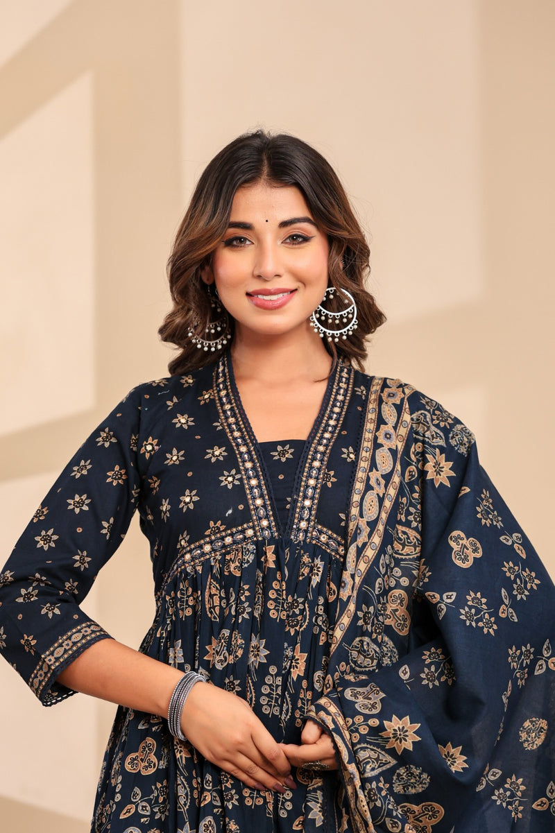 Kalki Blue Hand Embroidered Printed Cotton Suit Set
