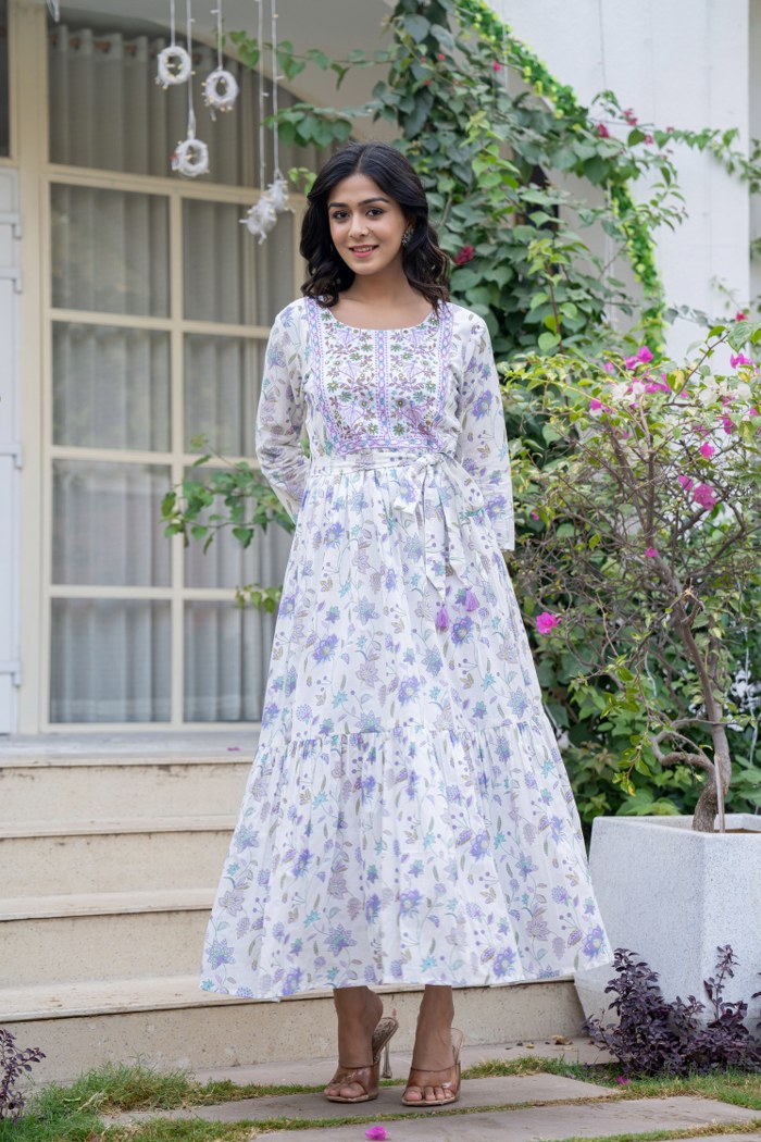 Bohemian Embroidered Purple Printed Maxi Dress