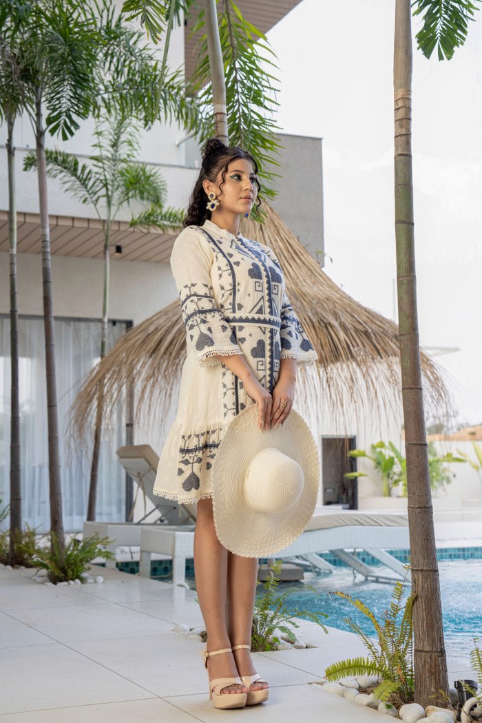 Tribal Embroidered Off White Short Dress