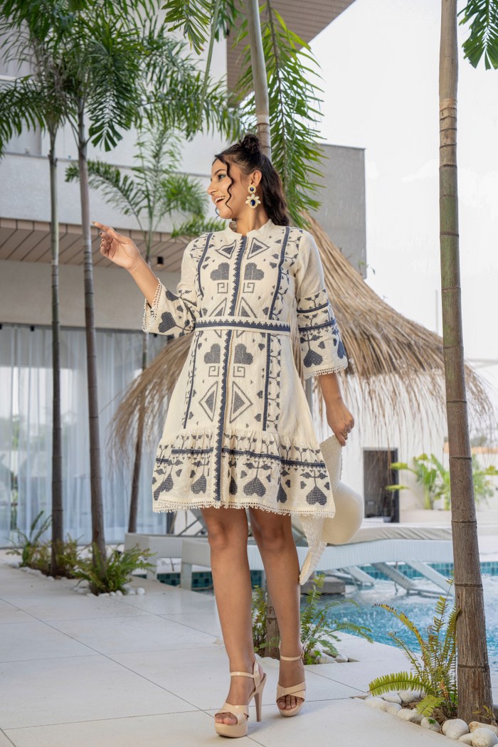 Tribal Embroidered Off White Short Dress Tribal Embroidered Off White Short Dress