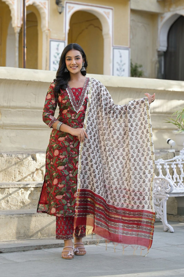 Sangria Red Handblock Printed Chanderi Suit Set With Chanderi Dupatta(Plus Size )