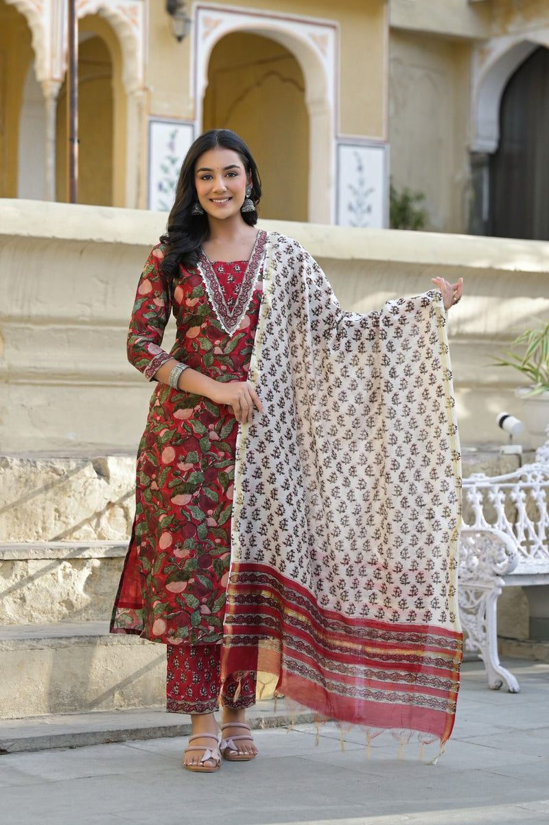 Sangria Red Handblock Printed Chanderi Suit Set With Chanderi Dupatta