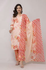 Orchid orange embroidered suit set with cotton dupatta