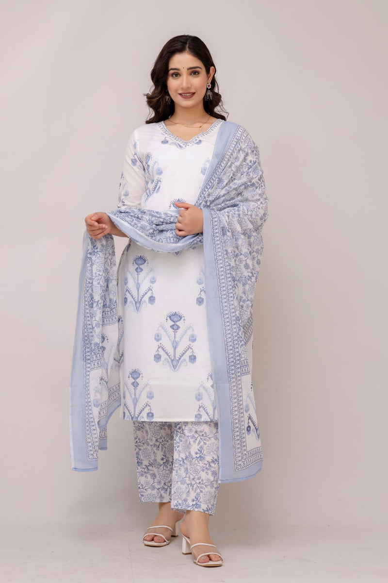 Lily white suit set with cotton dupatta