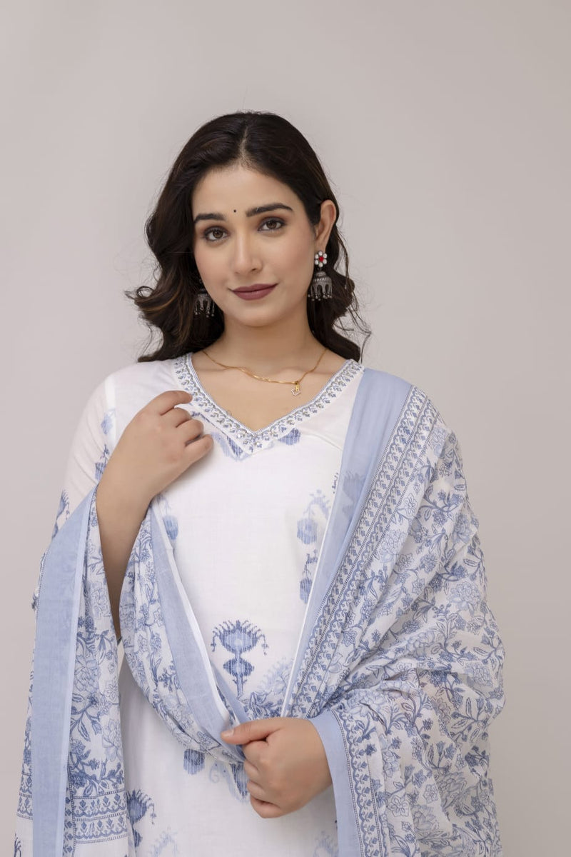 Lily white suit set with cotton dupatta