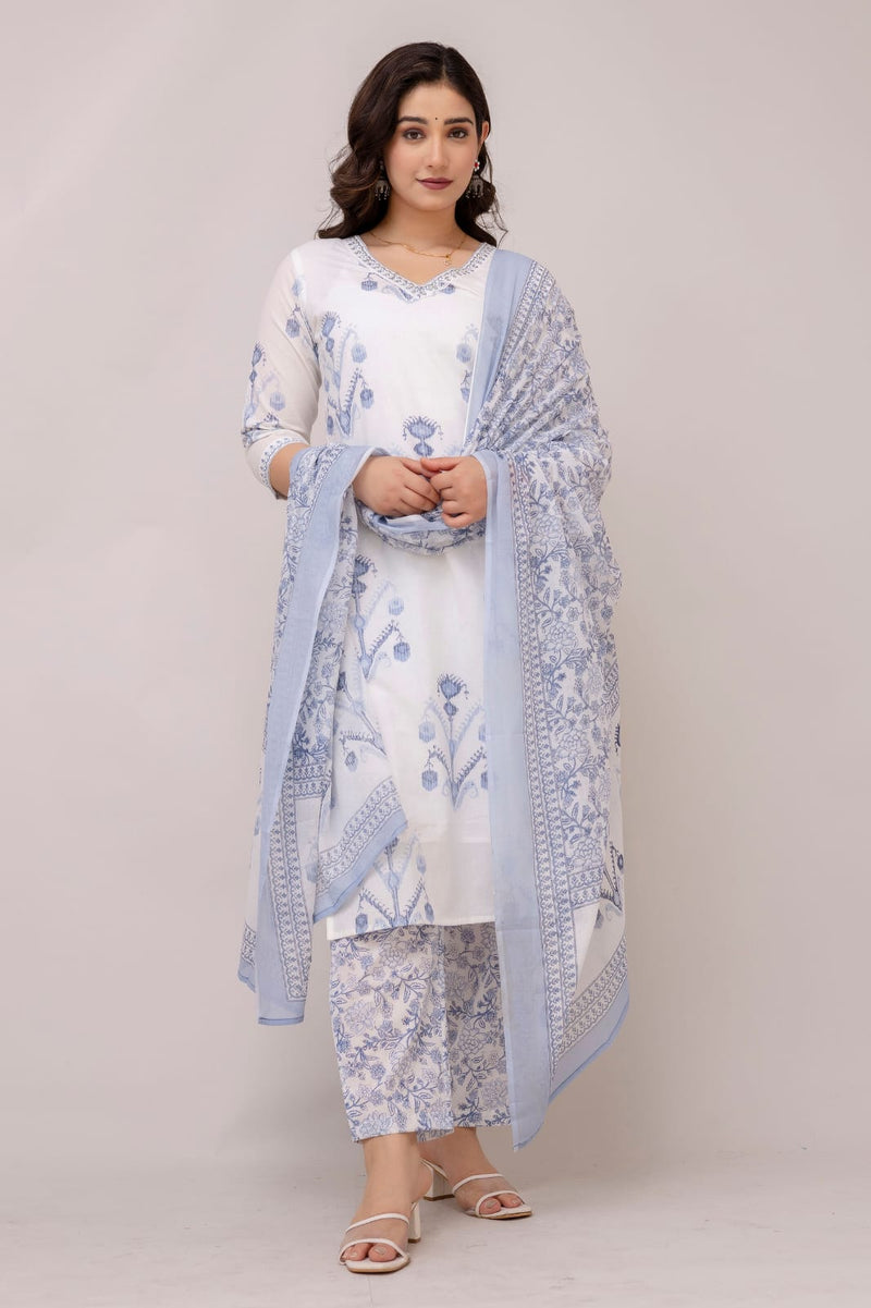 Lily white suit set with cotton dupatta