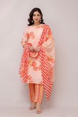 Orchid orange embroidered suit set with cotton dupatta