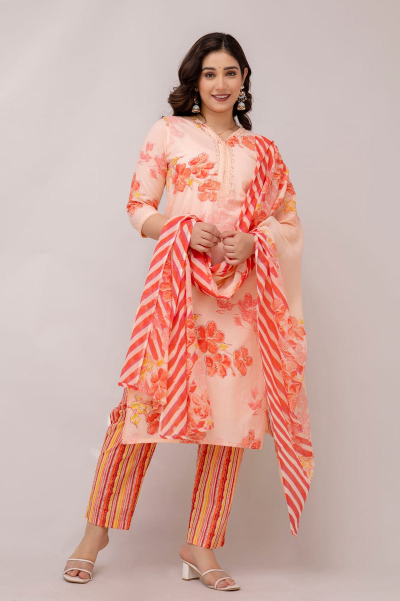 Orchid orange embroidered suit set with cotton dupatta
