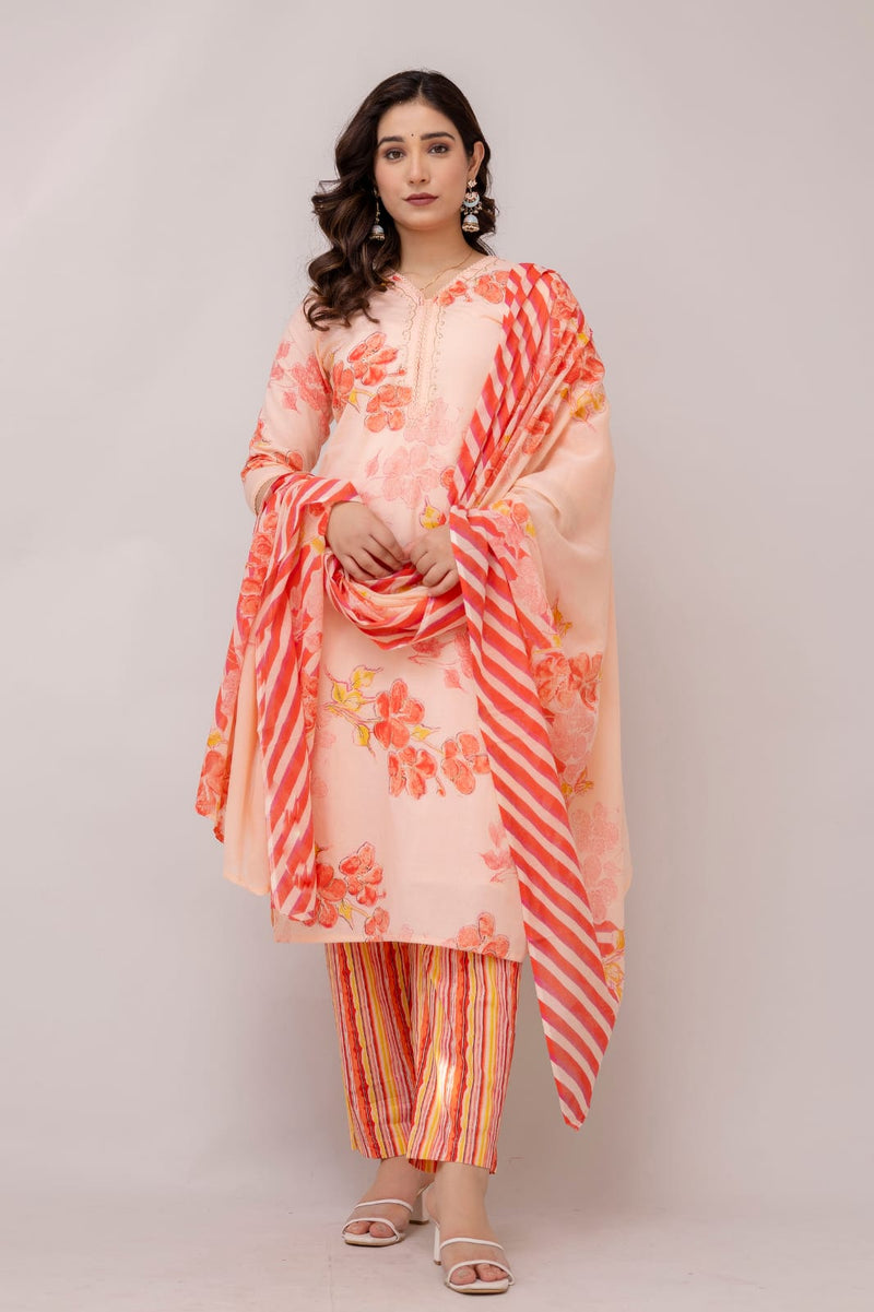 Orchid orange embroidered suit set with cotton dupatta