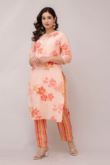 Orchid orange embroidered suit set with cotton dupatta