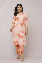 Orchid orange embroidered suit set with cotton dupatta