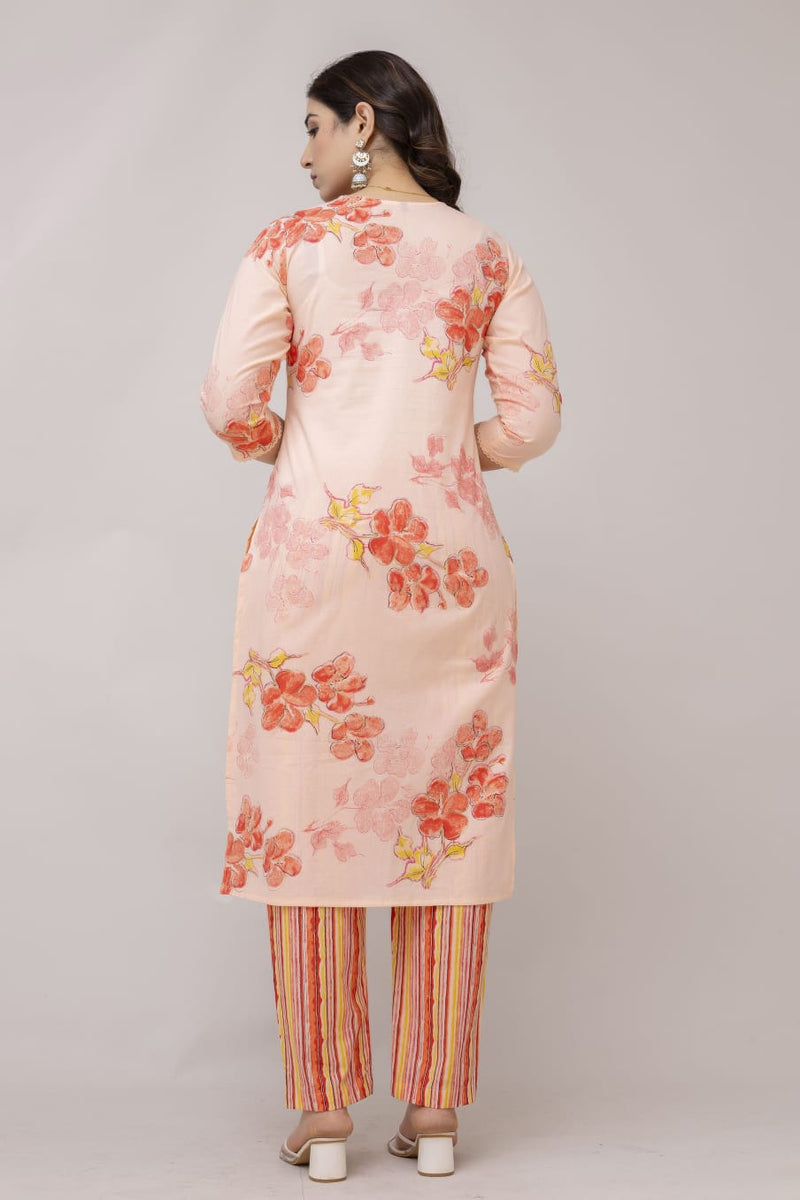Orchid orange embroidered suit set with cotton dupatta