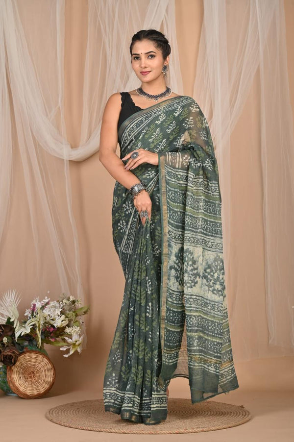 Hariyali Kota Handblock Printed Premium Kota Doria Saree