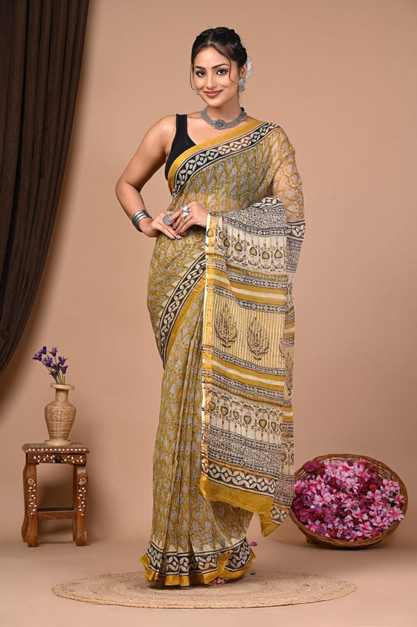 Haldi Gharana Handblock Printed Premium Kota Doria Saree