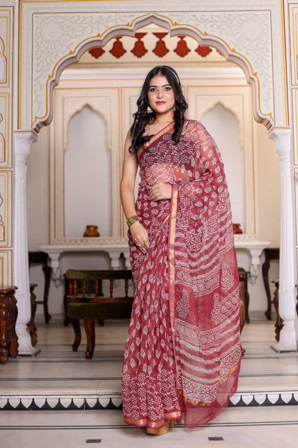 Raktambari Handblock Printed Premium Kota Doria Saree