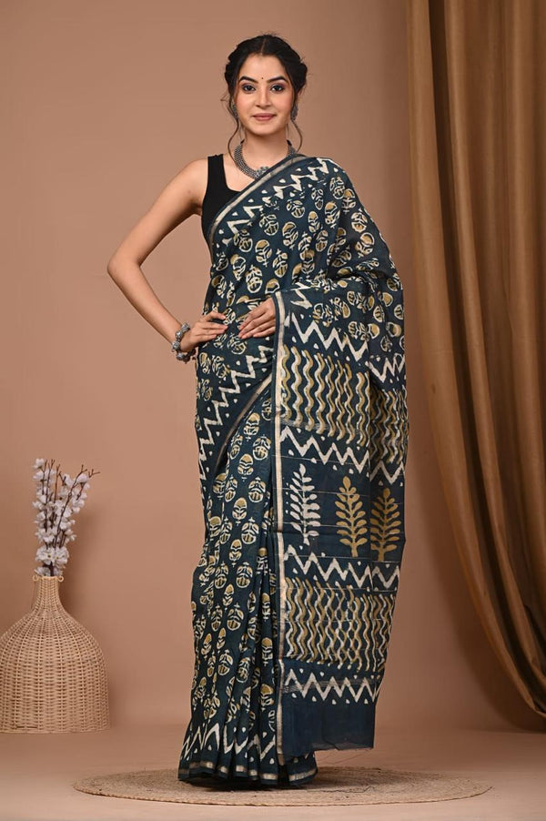 Vruksha Green Handblock Printed Premium Chanderi Saree