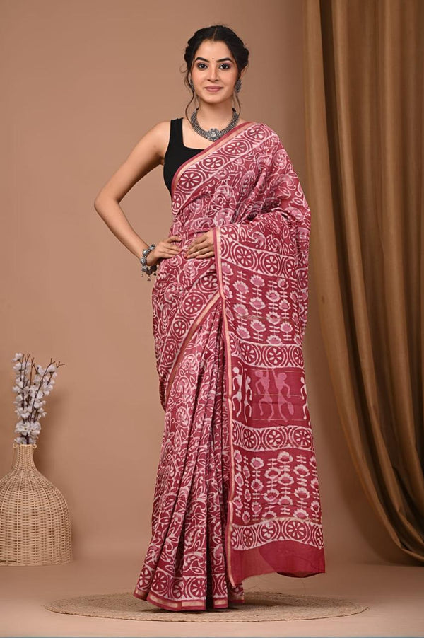 Gulmohar Pink Handblock Printed Premium Chanderi Saree