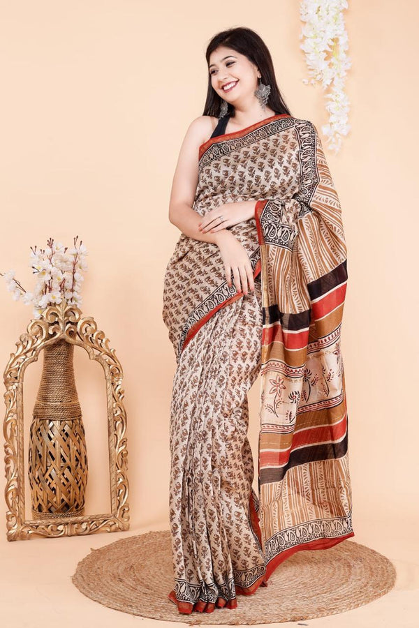 Warli Off White Handblock Printed Premium Chanderi Saree