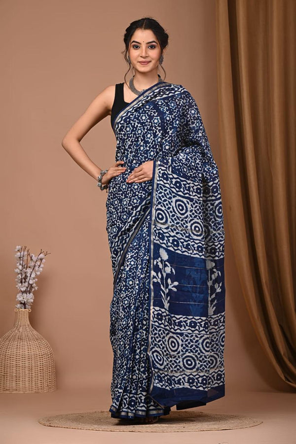 Neela Indigo Handblock Printed Premium Chanderi Saree
