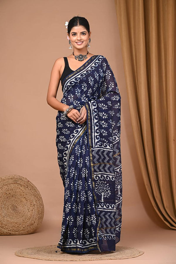 Leher Navy Blue Handblock Printed Premium Chanderi Saree
