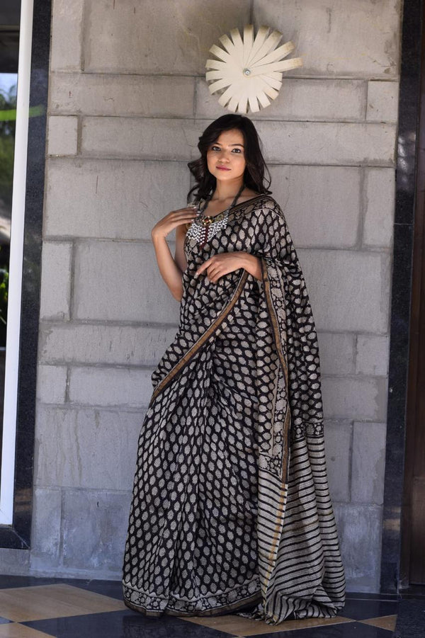 Kaalika Black Handblock Printed Premium Chanderi Saree