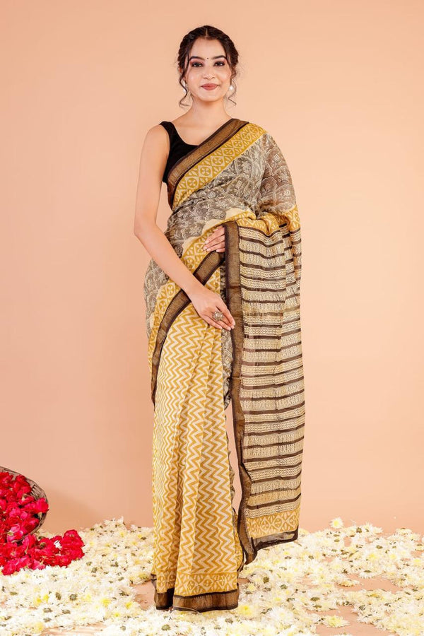 Katha Mustard Handblock Printed Premium Maheshwari Silk Saree