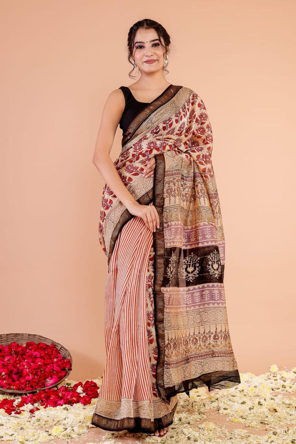 Kamal Phool Off White Handblock Printed Premium Maheshwari Silk Saree
