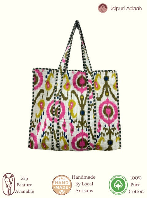 Ikkat white quilted tote bag
