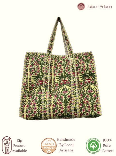Lily garden pale yellow quilted tote bag