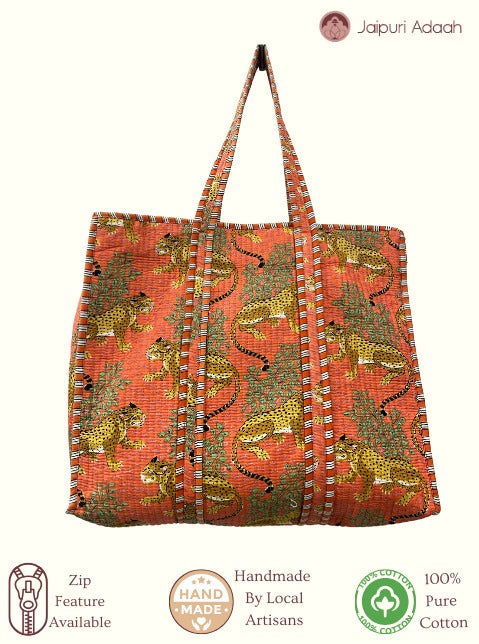 Cheetah orange quilted tote bag