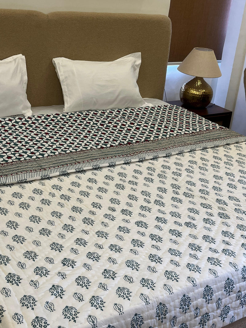 Geonest Sage Green Reversible Handblock Printed Quilted Double Bed Jaipuri Razai