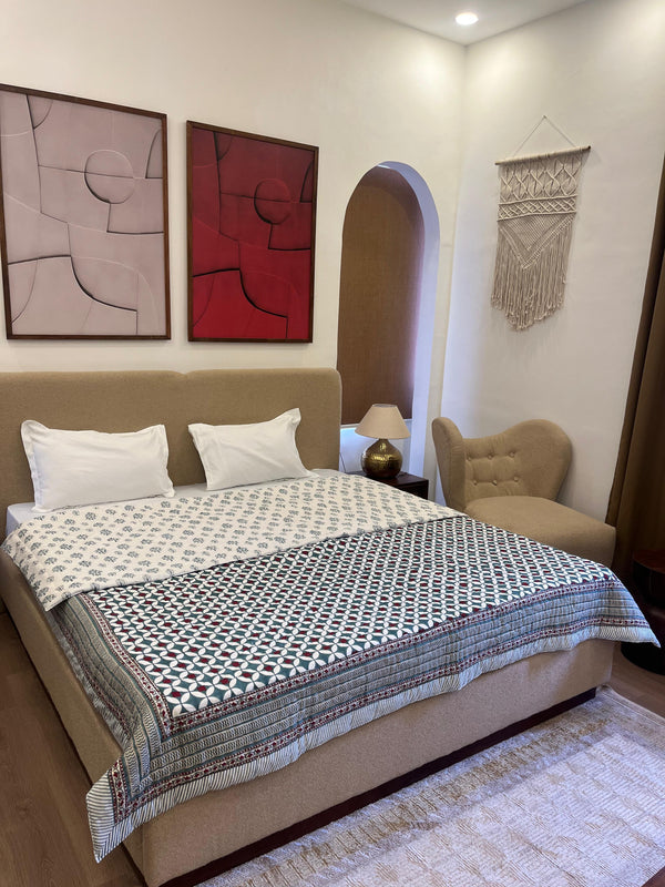 Geonest Sage Green Reversible Handblock Printed Quilted Double Bed Jaipuri Razai