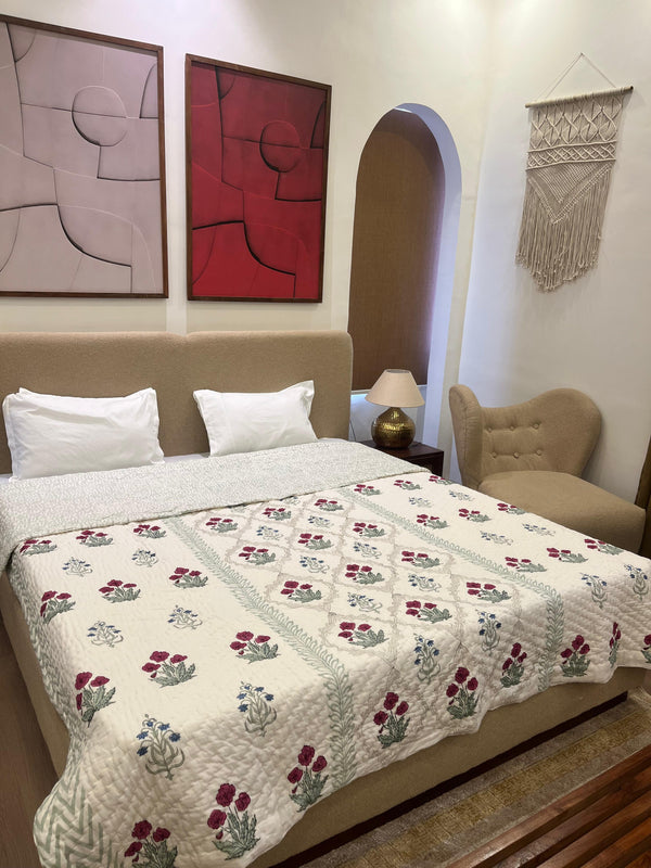 China Rose White Reversible Handblock Printed Double Bed Jaipuri Razai