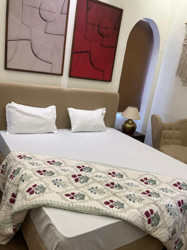 China Rose White Reversible Handblock Printed Double Bed Jaipuri Razai