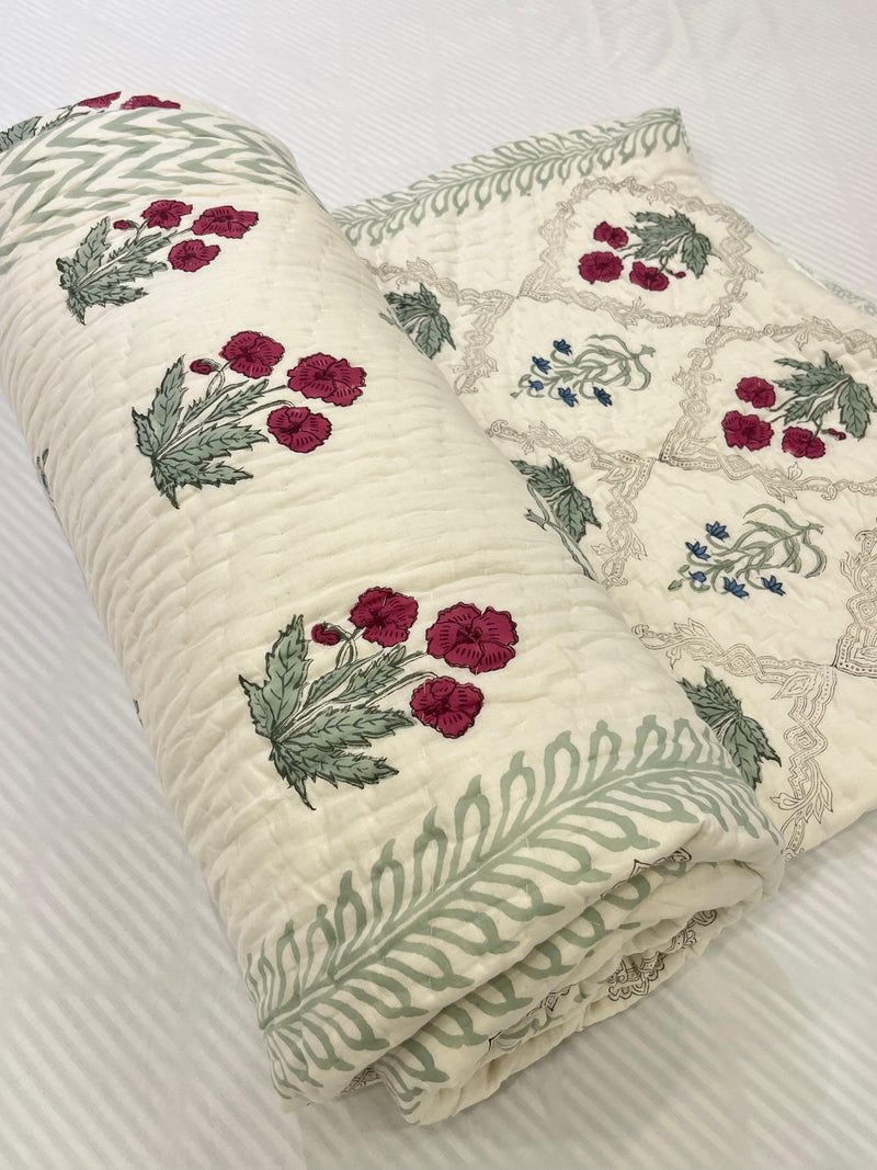 China Rose White Reversible Handblock Printed Double Bed Jaipuri Razai