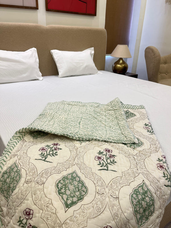 Floral Nest Light Green Reversible Handblock Printed Single Bed Jaipuri Razai