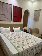 Floral Nest Light Green Reversible Handblock Printed Single Bed Jaipuri Razai