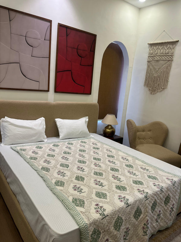 Floral Nest Light Green Reversible Handblock Printed Single Bed Jaipuri Razai