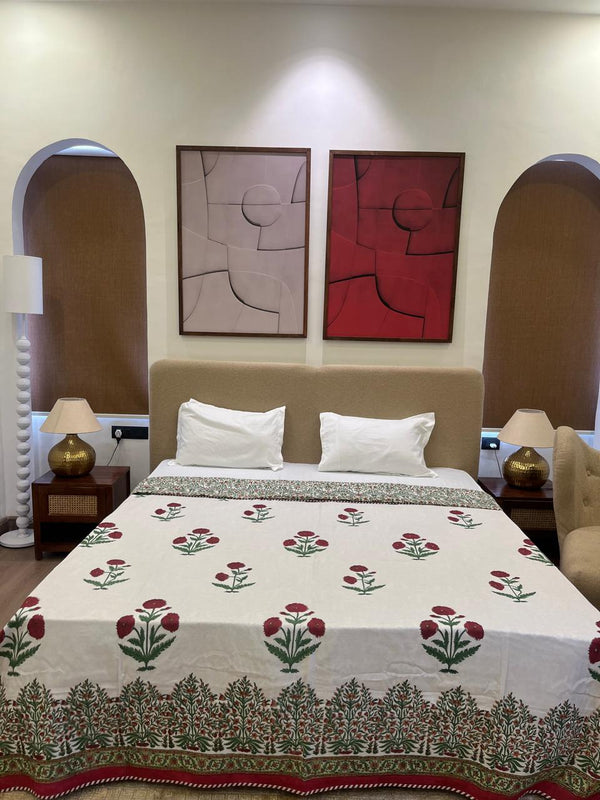 Gulaab White Reversible Handblock Printed Cotton Double Bed  Ac Quilt