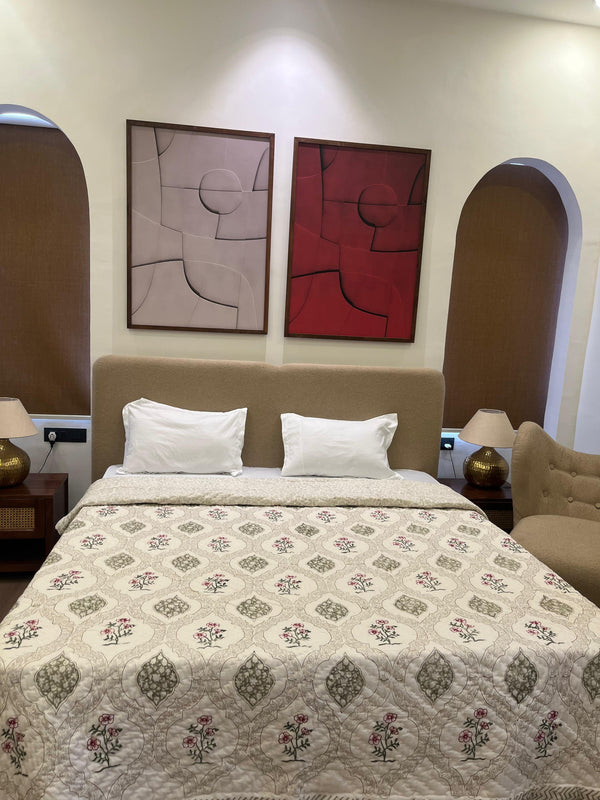 Petal & Patch Light Green Reversible Handblock Printed Cotton Double Bed Jaipuri Razai