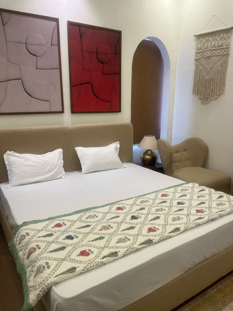 Fern Light Green Reversible Handblock Printed Cotton Single Bed  Jaipuri Razai