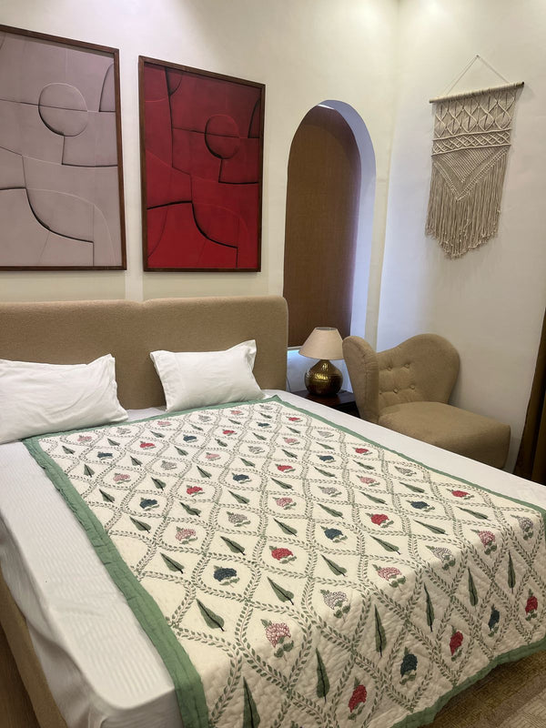 Fern Light Green Reversible Handblock Printed Cotton Single Bed  Jaipuri Razai