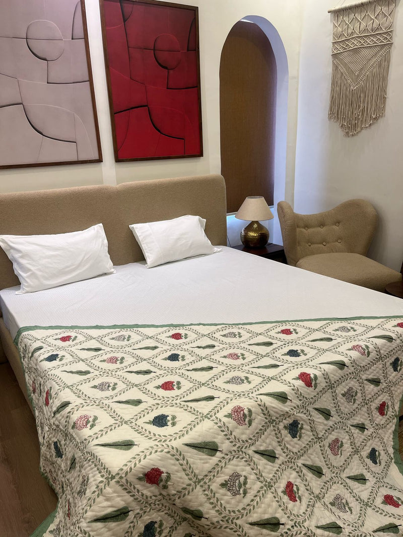 Fern Light Green Reversible Handblock Printed Cotton Single Bed  Jaipuri Razai