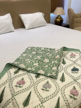 Fern Light Green Reversible Handblock Printed Cotton Single Bed  Jaipuri Razai
