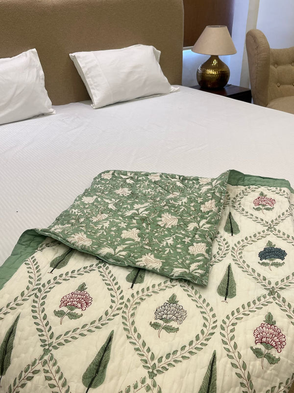 Fern Light Green Reversible Handblock Printed Cotton Single Bed  Jaipuri Razai
