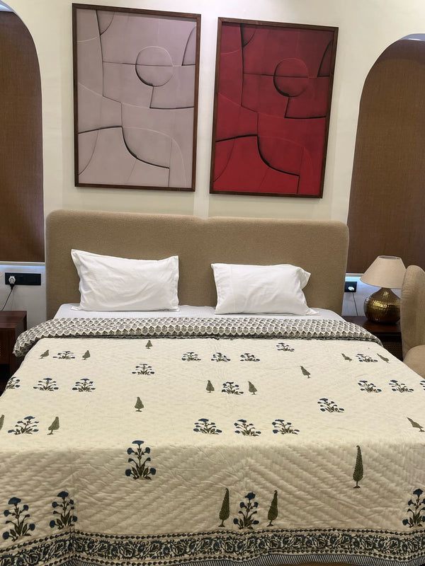 Wildflower Blue Reversible Handblock Printed Double Bed Jaipuri Razai