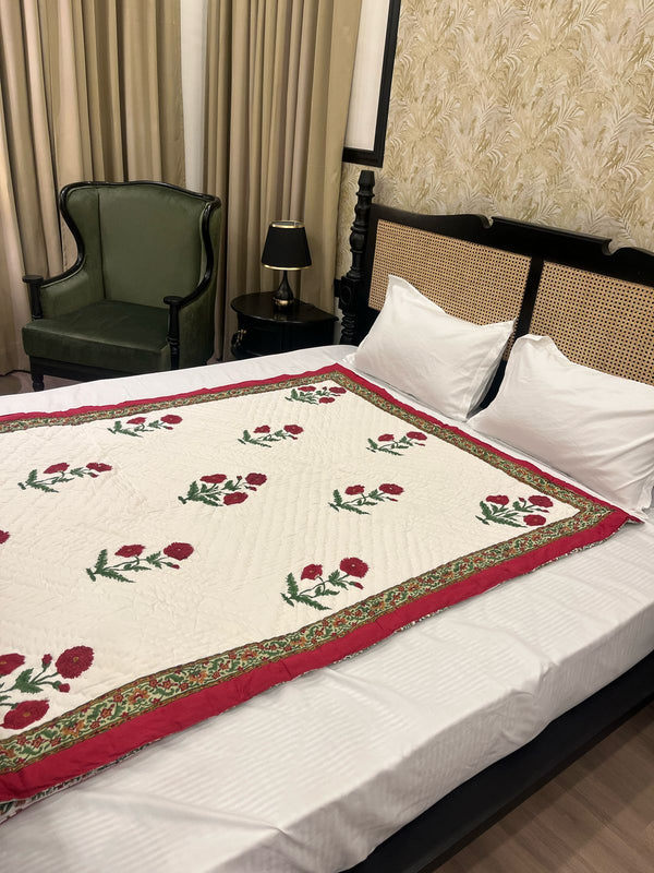 Wildrose Red Reversible Handblock Printed Cotton Single Bed Jaipuri Razai