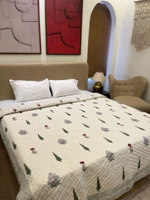 Rosevine White Reversible Handblock Printed Cotton Double bed Jaipuri Razai
